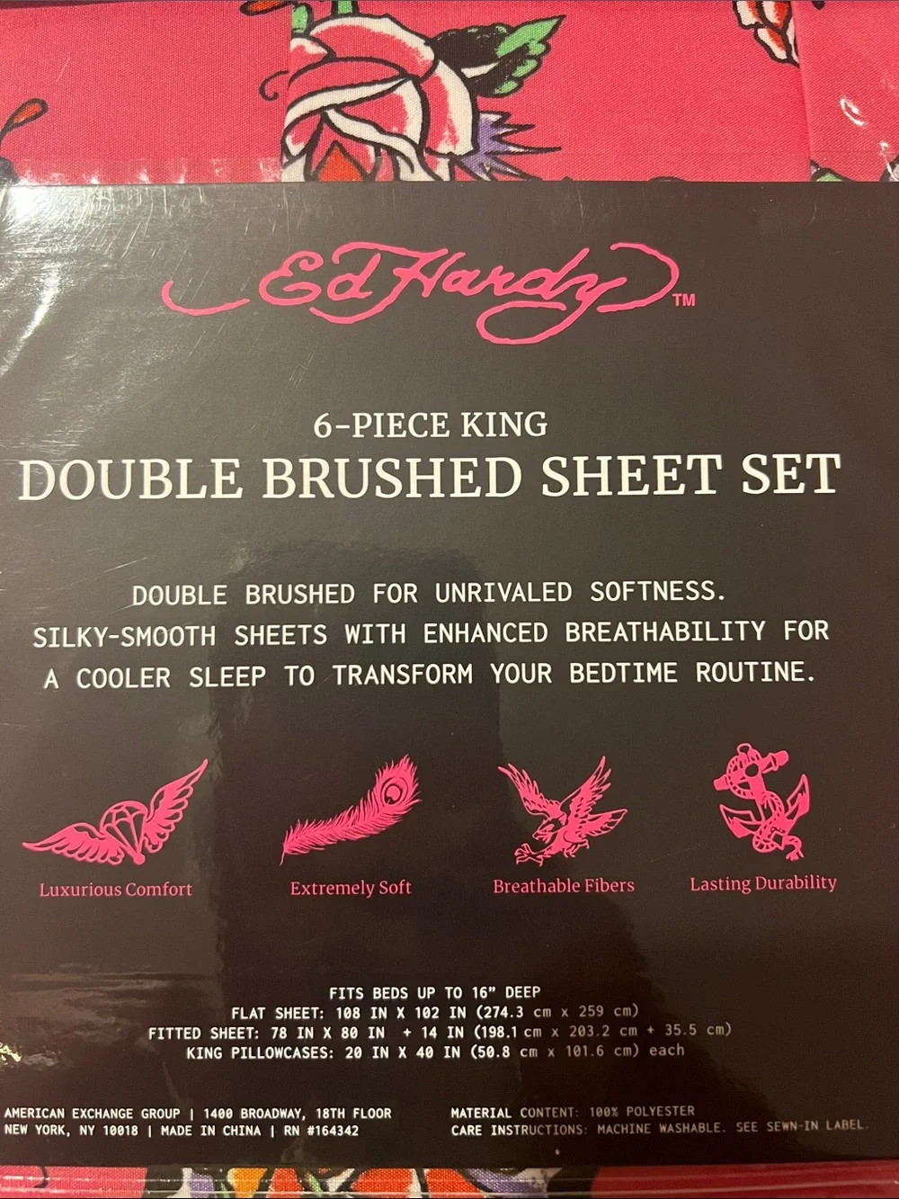 Ed Hardy Pink Floral & Tattoo Print 6-Piece King Brushed Sheet Set